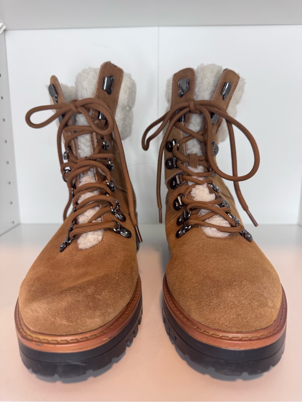 Marc Fisher Suede Sherpa Hiking Boots Tan Lug Sole Size 9 - Picture 12 of 14